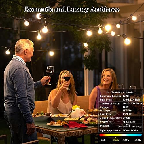 120FT Outdoor String Lights G40 LED Globe String Lights with 60 Waterproof Shatterproof Bulbs(2 Spare), Patio Lights Commercial Grade Backyard Lights for Outside Porch Bistro Garden Party - Image 4