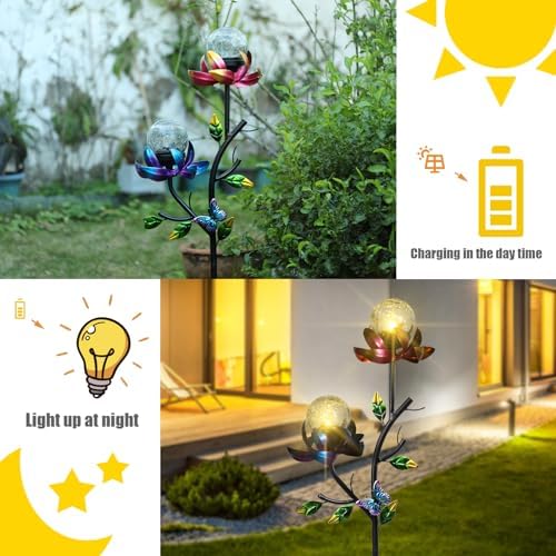 Decorative Solar Garden Light, Flower Glass Globe Stake For Lawn Yard - Image 5