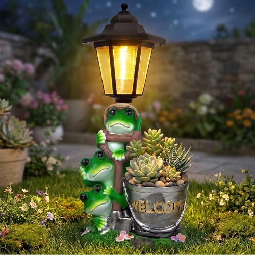 Solar Frog Outdoor Garden Statue with Flowerpot & Lantern by YEPOTUE