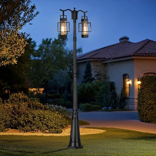 PARTPHONER Modern Outdoor Lamp Post Light 2-Head, Hardwired Street Light Post for Outside Metal Pole Light Outdoor Lighting with Water Glass Shade for Garden Patio Backyard Walkway Driveway - Image 5