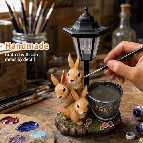 Solar Garden Statues Bunny Decor, 12.7" Upgraded Outdoor Rabbit Figurine with Welcome Planter & 3-Panel LED Lantern, Waterproof Resin Animal Yard Art Sculpture, Gardening Gifts for Women Mom Patio - Image 3