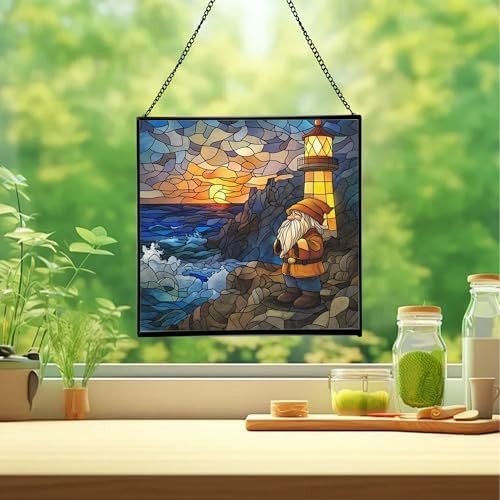 Gnome Lighthouse Keeper Stained Glass Suncatcher – Square Hanging Window Panel for Home or Greenhouse – Whimsical Glass Art Gift for Garden Lovers, Christmas, Halloween, Father Days 1JufKK - Image 2