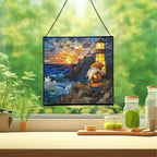 Gnome Lighthouse Keeper Stained Glass Suncatcher – Square Hanging Window Panel for Home or Greenhouse – Whimsical Glass Art Gift for Garden Lovers, Christmas, Halloween, Father Days 1JufKK - Image 2