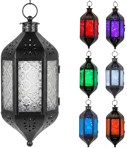 Vela Lanterns Hanging Moroccan Lantern with LED Twinkle Fairy Lights - Exotic Decorative Patio & Porch Decor, Indoor Outdoor Candle Lamp Holder with Chain (13" Large, Color Changing) by VelaCandleLanterns