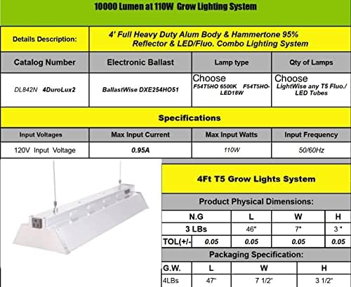 Durolux DL842N T5 4-foot 2 Fluorescent Lamps Grow Lighting System with 10000 Lumens and 6500K Full Sunlight Spectrum and Low Profile 7" Wide Reflector - Image 7