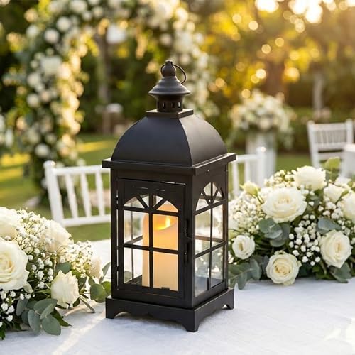 TRIROCKS Decorative Vintage Candle Lanterns 14.5" H Farmhouse Outdoor Hanging Lanterns with Tempered Glass for Porch, Balcony, Patio, Home, Centerpieces, Indoor, Outdoor(Black) - Image 4