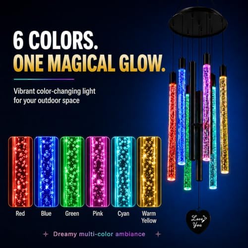 Nacome Solar Wind Chimes for Outside, 6 Color-Changing LED Tubes, Black - Image 4