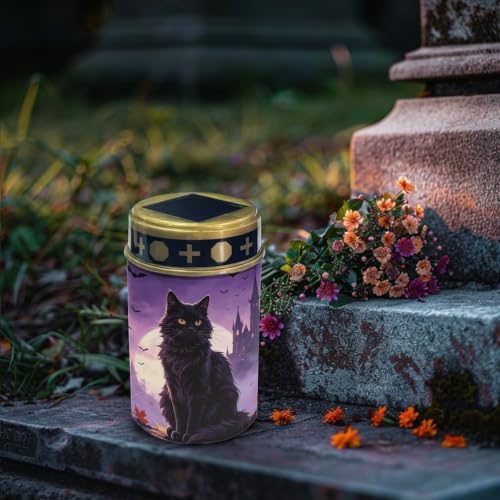 Poceacles Solar Lights Outdoor Waterproof Cemetery Solar Outdoor Candle Grave Decoration Votive Candles Blessed Lights for Loss of Loves One, Black Cat Maple Leaf Bat Print Violet, Pack of 4 - Image 3
