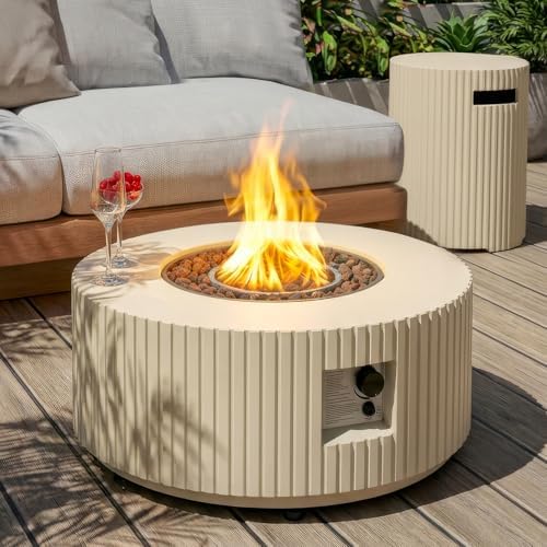 36inch Round Propane Fire Pit Table with Tank Cover Concrete by ReeQuo-BEAUTYYOURHOMEBEAUTYYOURLIFE