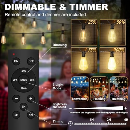 Outdoor String Lights 100FT with 64 Bulbs 1.5FT Spacing, 120W Dimmer,Remote - Image 3