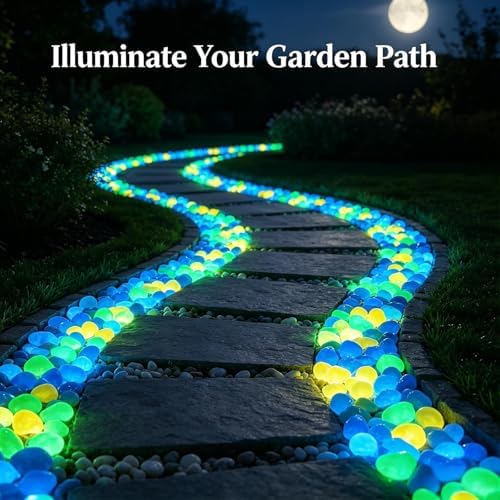 Colorful Glow-in-the-Dark Garden Stones, 500Pcs Solar Glow in the Dark Pebbles, Piedras Luminosas para Jardin,Outdoor Luminous Stones for Garden Path Walkway Yard Fish Tank Plant Pots (Orange red) - Image 3
