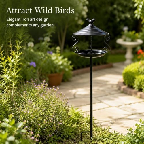 Bird Feeder Standing Bird Bath Feeding Station Iron Birdbath Feeding Bowl Stake Weatherproof Decorative Installation Suitable for Lawn Yard Garden, Black - Image 2