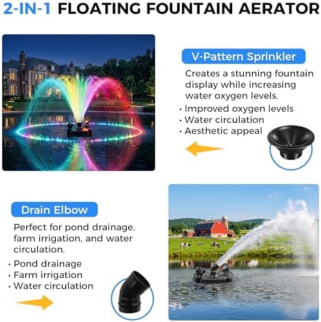 AirWire Pond Fountain Aerator, 1HP 750W 15000GPH 110V High Flow Floating Pond, Pure Copper Motor & Stainless Steel Body, with Timer & 100' Power Cord + 2x100' Guide Ropes for Pond Lake, 2 RGB Lights - Image 4