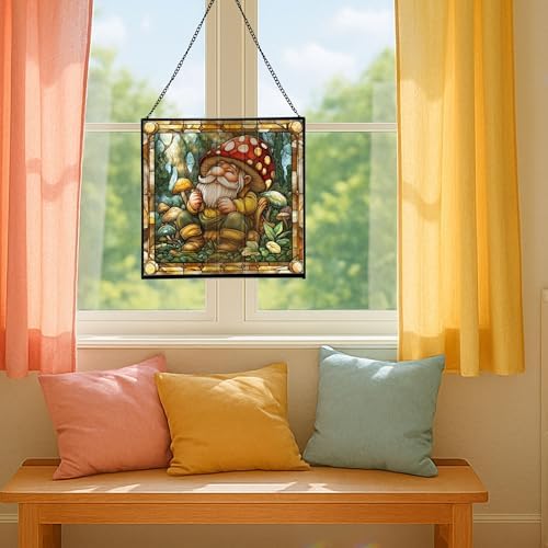 Gnome with Mushroom Maintenance Stained Glass Suncatcher – Square Hanging Window Panel for Home, Garden, Nursery, Halloween, Christmas, Memorial Day – Whimsical Glass Art Gift for Gnome Lovers furjak - Image 5