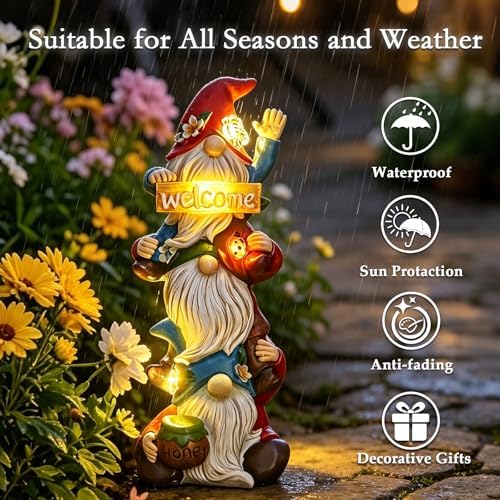 Garden Gnome Statue Solar Lights, Funny Faceless Triple Gnomes Sculptures Spring Decorations Outdoor Porch Patio Lawn Yard Art Balcony Home Decor Figurine, Birthday Gifts for Woman Mom Grandma - Image 5