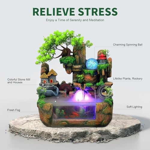 Tabletop Fountain Resin Indoor Home Decoration, 12LED Color Lights Waterfall Fountain 110V Desktop Fountain, with Atomizer, Small pots and Fish Tanks, Rockery Water Fountain for Bedroom Relaxation. - Image 3