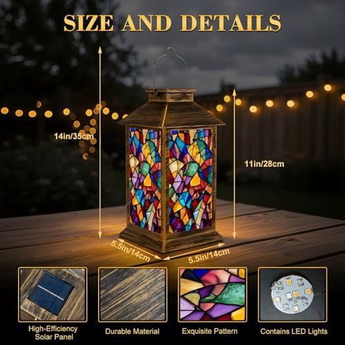 Solar Lantern Outdoor Waterproof Colorful Stained Glass Abstract Mosaic Vibrant Patterns Garden Decor LED Hanging Solar Lights Tabletop Lamp Gifts for Women Mom Outside Yard Patio Porch - Image 2