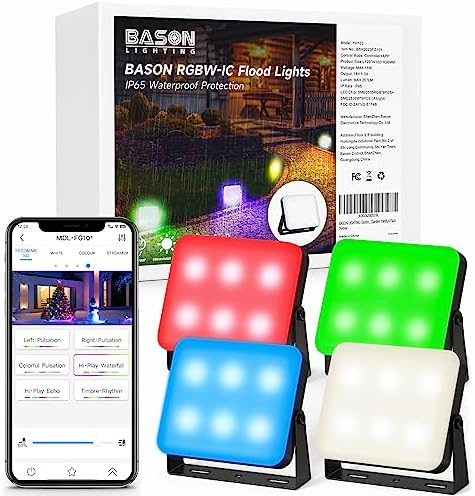 BASON LIGHTING Smart RGBW Flood Lights, Outdoor Ground Lights, 12V Power Adapter Low Voltage Led Landscape Spotlights, IP65 Pathway Light Wired with App Control, 48 Scene Modes, Patio Light, 4 Pack by BASONLIGHTING