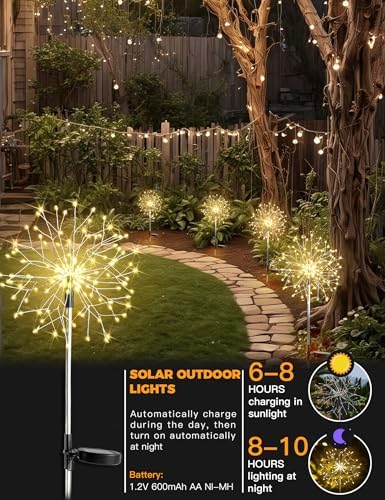 suddus Solar Garden Lights Outdoor Waterproof Decorative, 4Pack 150LED Firework Lights, Solar Fairy Lights for Yard, Garden, Patio, Pathway, Flowerbed, Party, Wedding Outside Decor- Warm White - Image 3