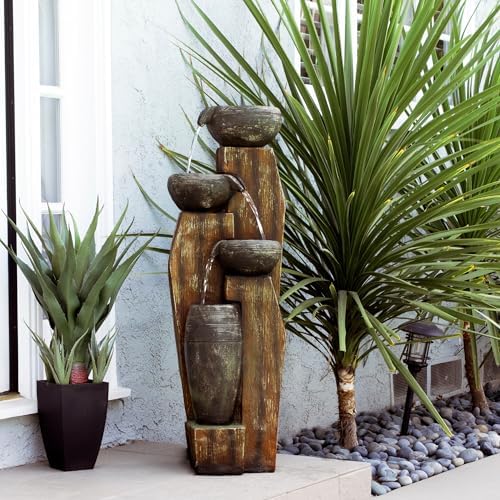 Alpine Corporation TZL304 40" Indoor/Outdoor Floor Tiered Bowls Fountain with LED Lights – Rustic Bowls Garden Fountain for Patio, Yard & Garden Décor, Brown by Unknown
