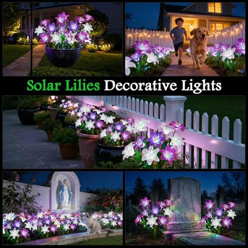 Solar Lights Outdoor Garden Decor - 6 Pack Solar Flowers with 30 Heads Colorful Lily Lights & Glowing Stems, Brighter Waterproof Decorative Garden Lights for Yard, Patio, Flower Bed, Gifts - Image 6