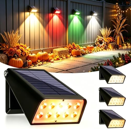 4 Pack Solar Waterproof RGBW Wall Lights, 6 Modes Color Changing, Christmas in July / Fall / Halloween Outdoor Decor Gift, 90° Adjustable Dusk to Dawn Solar Sconce for Fence Patio Yard Porch Garden by GUYULUX