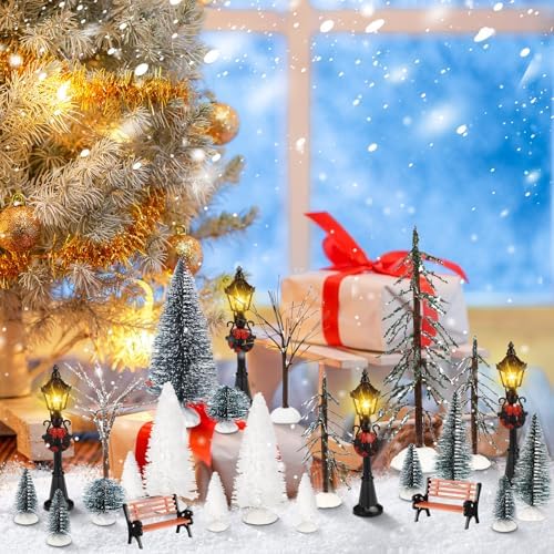 Hotop 28 Pcs Mini Artificial Christmas Village Tree Set Snow Christmas Pine Bare Branch Trees Xmas Street Lamp Post Miniature Park Bench Seat Cobblestone Street for Decoration(Stylish) - Image 5