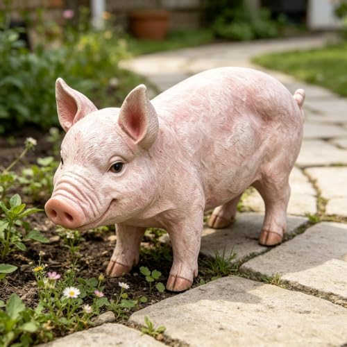 Cute Pink Pig Garden Statue, 26-Inch Resin Farm Pig Figurine, Weatherproof Lawn Ornament, Outdoor Pig Sculpture for Front Yard, Backyard, Patio - Image 2