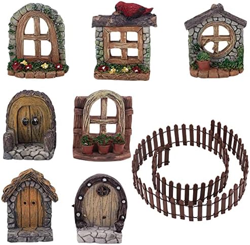 GORGECRAFT Miniature Fairy Garden Doors and Windows Resin Dollhouse Building Accessories Including Imitation Wood Door Window & Garden Fence for Micro Landscovere Decoration by GORGECRAFT