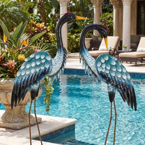 3.7ft Tall Blue Heron Metal Yard Art, XL Crane Statue Decor, S/2 by Ultym