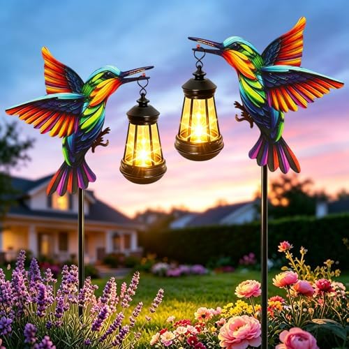2 Pack Solar Lights Outdoor Hummingbird Garden Stakes with Solar Lanterns by MRHEPHAESTUS