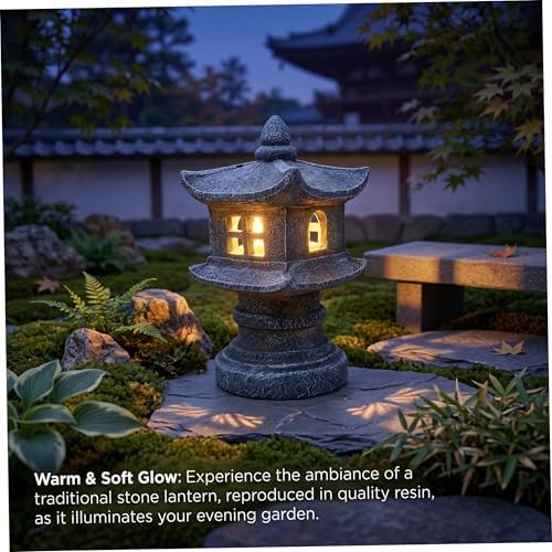 Pagoda Garden Statue, Japanese Pagoda Lantern Solar Garden Statue - Waterproof Resin Outdoor Lawn & Patio Decor (Gray) - Image 4