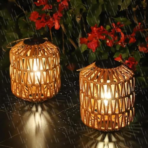 2 Pack Solar Lanterns Outdoor Waterproof, Rattan Solar Lights for Garden, Patio, Yard, Hanging Decorative Landscape Lighting with Auto On/Off, Warm White by HOLISUNHOMEFURNITURE