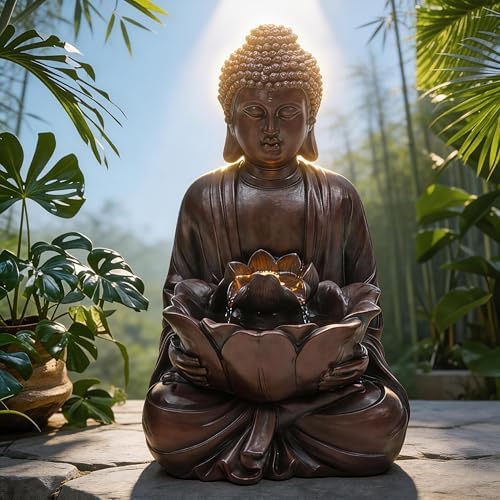 Zen Buddha Water Fountain Outdoor, 19" H Handcrafted Buddha Statue Water Feature with Soothing Waterfalls & Lights, Peaceful Oasis for Garden Patio Yard Deck Living Room Floor Tabletop Decor by Ultym