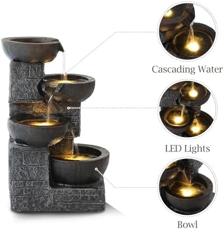 4 Tiered Waterfall Fountains, Outdoor Water Fountains with LED Lights, Garden Outside Brick Waterfalls, Modern Cascading Flow Fountain for Garden, Yard, Patio, Home Decor (Brown) - Image 6