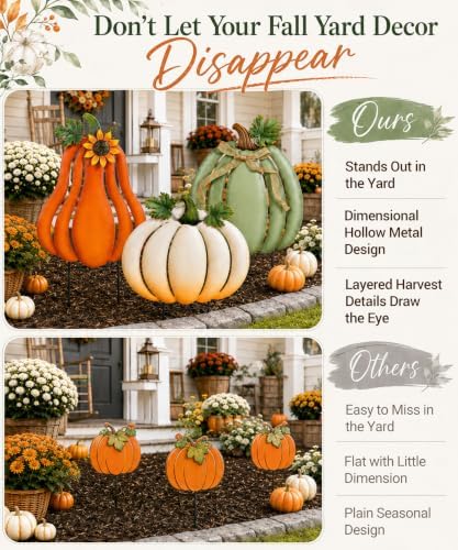 Fall Outdoor Decor Metal Pumpkin Yard Stakes - Large Outdoor Pumpkin Decor with Sunflower, Leaves & Bow, Tall Fall Yard Decor for Porch Garden Lawn Autumn Thanksgiving Decorations Set of 3 - Image 2
