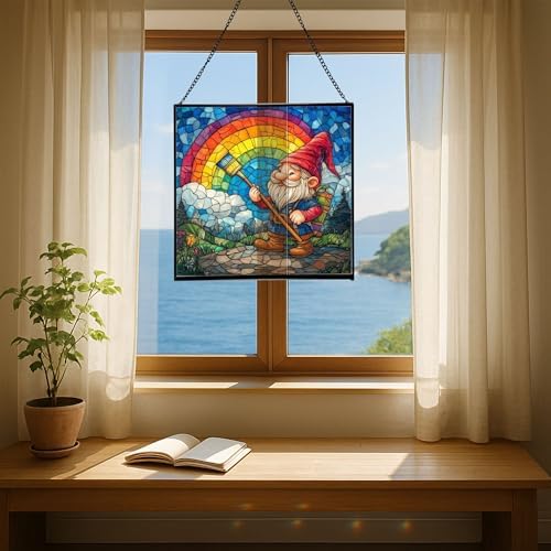 Gnome with Rainbow Paintbrush Stained Glass Suncatcher – Square Hanging Window Panel for Home or Greenhouse – Whimsical Glass Art Gift for Garden Lovers, Christmas, Halloween, Father Days 4QDKIj - Image 6