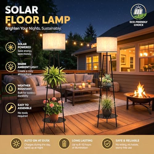 Solar Outdoor Floor Lamp with Plant Shelves, Waterproof Solar Standing Lamp for Patio Porch Garden Yard, Auto On/Off Warm LED Floor Light with 2-Tier Plant Stand, Cordless Outdoor Decor Lighting - Image 2