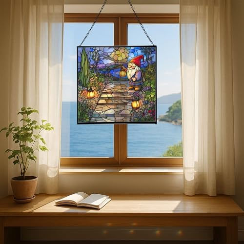Lantern Path Gnome Stained Glass Suncatcher – Square Hanging Window Panel for Home or Greenhouse – Whimsical Glass Art Gift for Garden Lovers, Christmas, Halloween, Father Days Hw8NZS - Image 6