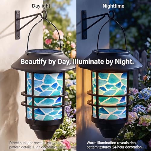 Solar Lanterns Outdoor Hanging Lights Mosaic Blue Stained Glass Glass Wall Lantern 2 Pack, Waterproof Decorative Solar Sconce with Wall Mount Kit for Garden Porch Fence Chicken Coop Summer Decor - Image 2
