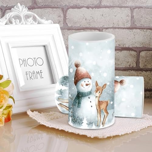 Flameless Candles Bulk Set of 2 Flickering Battery Operated Candles with Remote and Timers Christmas Snowman Deer Print Battery Tealights for New Year Party Decoration LED Pillar Lights - Image 3