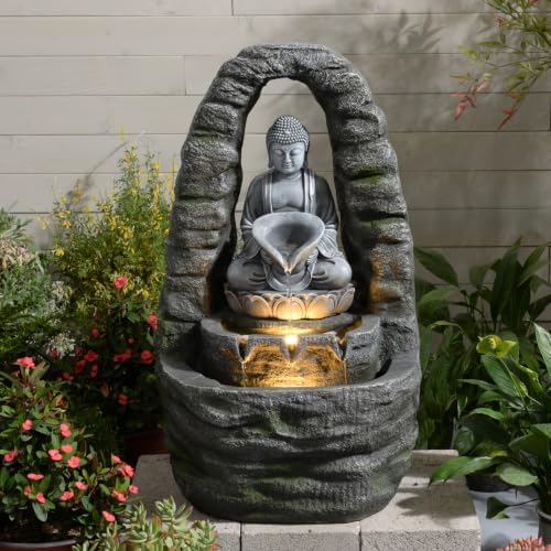 27.2" H Outdoor Water Fountain with LED Lights, Buddha Design Cascading Water Feature for Zen Garden Patio Backyard Porch Decor by Unknown