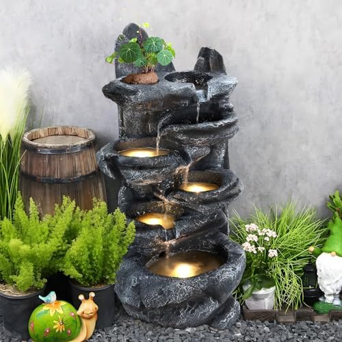 Outdoor 6-Tiers Cascading Rock Water Fountain, Waterfall Fountain with LED Light, Outside Patio Water Features Fountains, Garden Waterfall Decor for Patio, Backyard, Porch ﻿ - Image 3