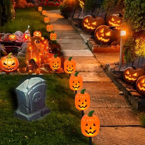 BRIGHTDECK Halloween Pumpkin Stake Lights, Set of 10 Decorative Solar Pumpkin Lights, Waterproof Halloween Decorations for Outdoor Garden and Yard - Image 5