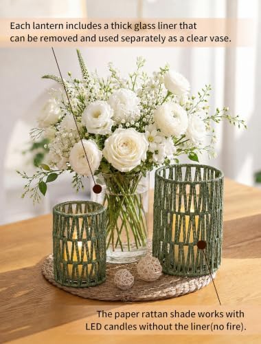NUPTIO Rattan Hurricane Candle Holders: Set of 2 Boho Lanterns for Pillars - Image 3