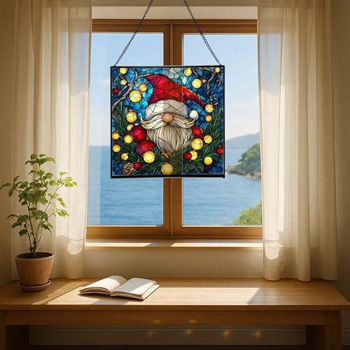 Holiday Lights Gnome Stained Glass Suncatcher – Square Hanging Window Panel for Home or Greenhouse – Whimsical Glass Art Gift for Garden Lovers, Christmas, Halloween, Father Days xzZh6D - Image 6