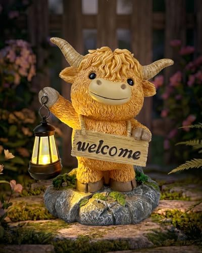 Solar Garden Statue Highland Cow, Whimsical Farm Animal Outdoor Decor with Lantern, Waterproof Resin Garden Yard Patio Gift for Mom Grandma Women by 365RUSTIC