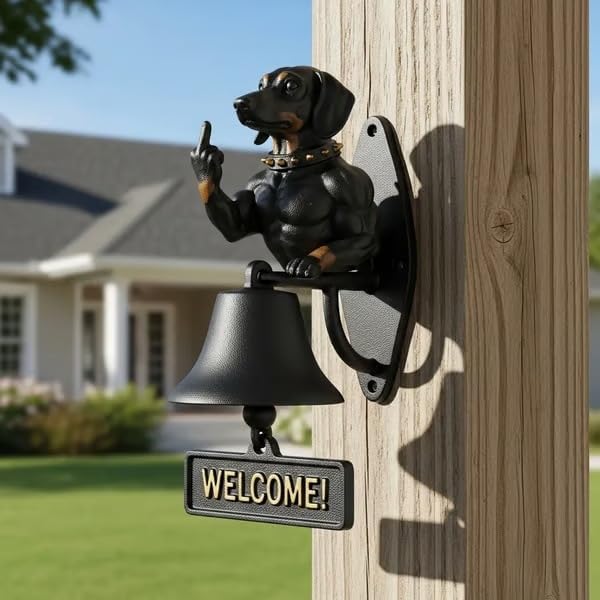 Cast Iron Muscle Dog Welcome Doorbell, Funny Bulldog Doorbell, Dog Middle Finger Decor Dinner Bell, Retro Metal Outdoor Dachshund Hanging Door Bell for Yard Garden - Image 3