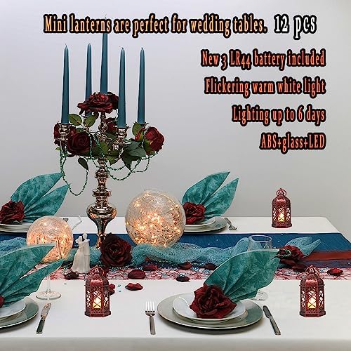 12PCS Mini Lantern with Flicker LED Candle for Halloween Decorations, Small Lanterns Decorative, Vintage Hanging Moroccan Lantern for Wedding Halloween Christmas Decor, Table Centerpiece, Rose Gold - Image 2