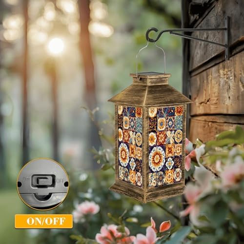 Solar Lantern Outdoor Waterproof Mexican Talavera Ceramic Tiles Spanish Maiolica Colorful Decorative Garden Decor LED Hanging Solar Lights Tabletop Lamp Gifts for Women Mom Outside Yard Patio Porch - Image 5